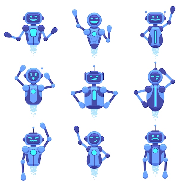 Pomoc bota na czacie. Robotyczne boty do czatowania technologii robotyki, automatyczny asystent cyfrowy, futurystyczne postacie botów na czacie android, zestaw ilustracji. Robot i cyber, pomoc techniczna wirtualna, mobilna ai
