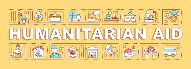 Pomoc Humanitarna Słowo Koncepcje Transparent. Dobroczynność I Darowizna W Nagłych Wypadkach. Infografiki Z Liniowymi Ikonami Na Pomarańczowym Tle. Na Białym Tle Twórczej Typografii. Wektor Ilustracja Kolor Konturu Z Tekstem