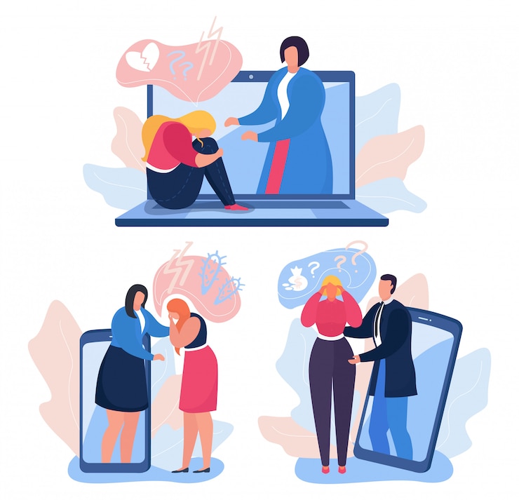 Wektor pomoc psychologiczna online, ilustracja. psychoterapia dla zdrowia pacjenta, psycholog wspiera kobietę w depresji.