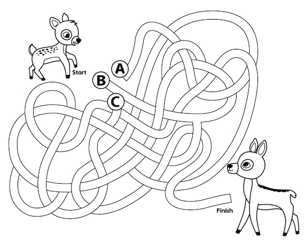 Plik wektorowy pomóż jelonce dotrzeć do jej matki gra w czarno-biały labirynt dla dzieci
