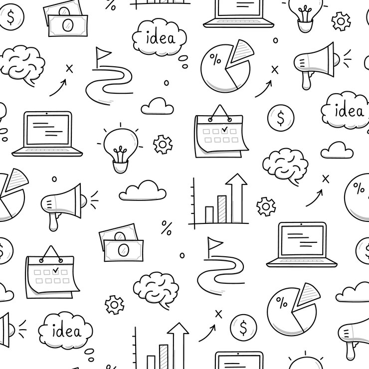 Wektor pomysł na biznes doodle bezszwowe tło wzór sukces firmy koncepcja kreatywnych pomysłów doodle rysowane szkic styl wzór z elementem kalendarza megafon żarówka wektor