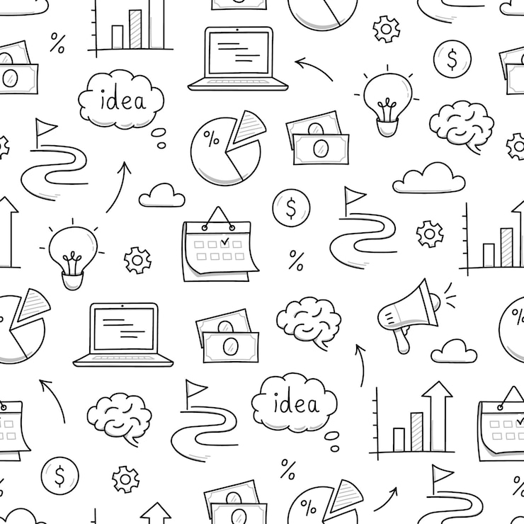 Wektor pomysł na biznes doodle bezszwowe tło wzór sukces firmy koncepcja kreatywnych pomysłów doodle rysowane szkic styl wzór z elementem kalendarza megafon żarówka wektor