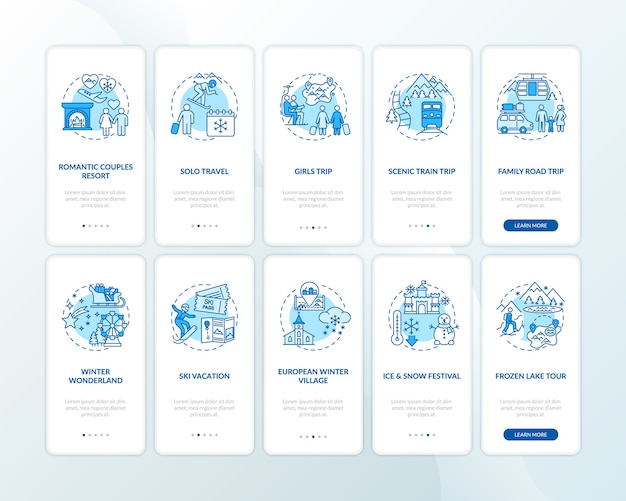 Pomysły I Miejsca Na Ferie Zimowe Wprowadzające Ekran Strony Aplikacji Mobilnej Z Ustawionymi Koncepcjami