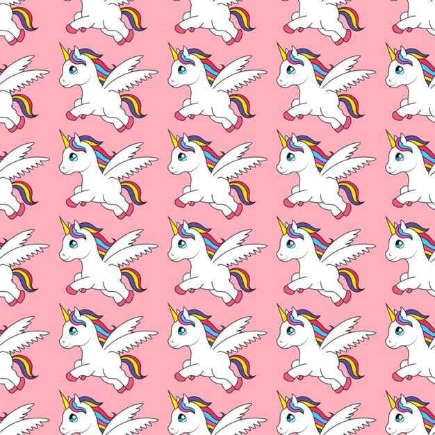 Pony jednorożec bezszwowy wzór magiczne stworzenie z skrzydłami powtarza się na różowym tle ilustracja wektorowa