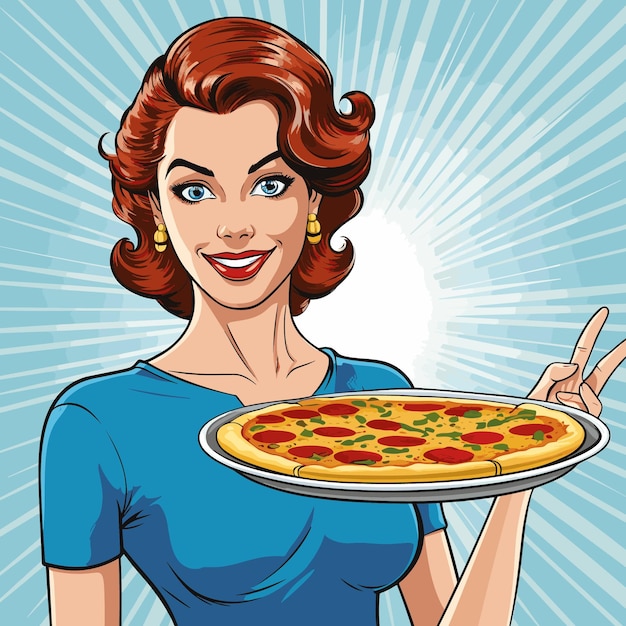 Pop Art Kobieta Trzymająca Tacę Z Ręcznie Narysowaną Ilustracją Pizzy