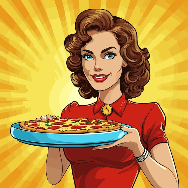 Plik wektorowy pop art kobieta trzymająca tacę z ręcznie narysowaną ilustracją pizzy