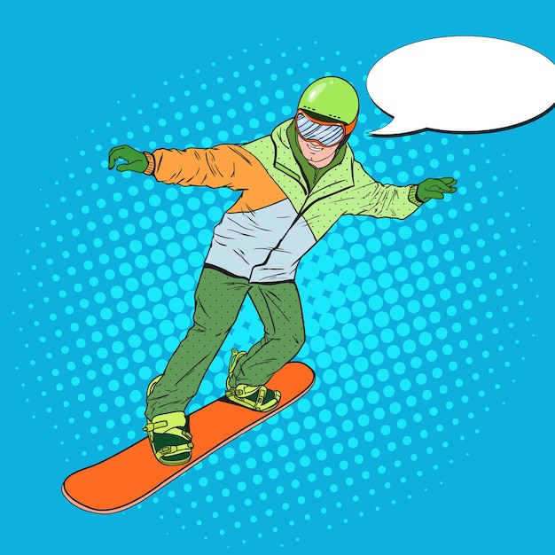 Pop Art Man In Sportswear With Snowboard. Snowboardzista Robi Sztuczkę.