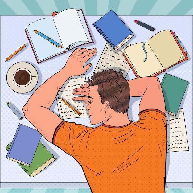 Plik wektorowy pop art wyczerpany student śpi na biurku z podręcznikami. zmęczony mężczyzna przygotowuje się do egzaminu.