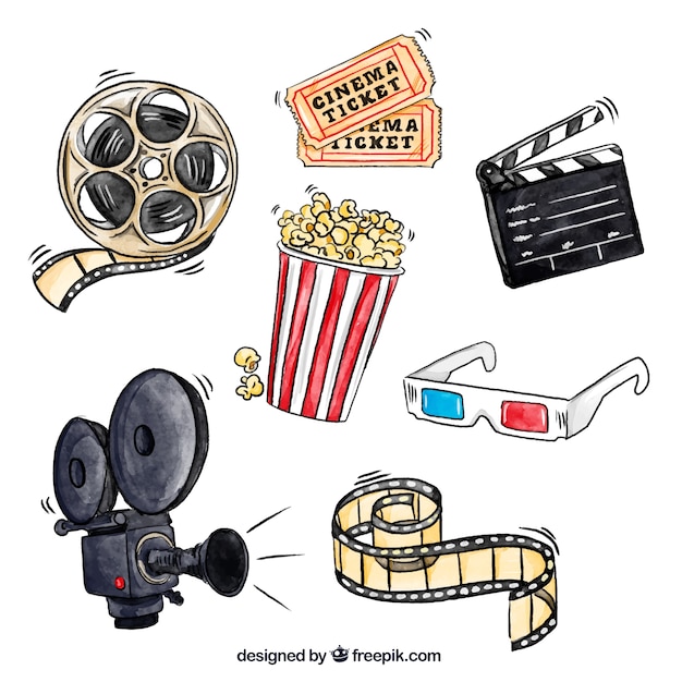 Popcorn i inne elementy filmowe akwarela