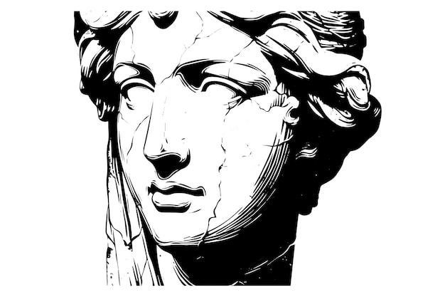 Plik wektorowy popękana twarz posągu greckiej rzeźby ręcznie rysowane szkic stylu grawerowania ilustracji wektorowych