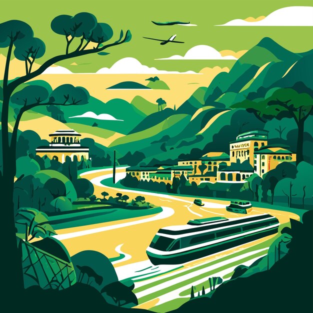 Plik wektorowy poranna podróż rzeką malownicza azjatycka zielona ilustracja wektorowa
