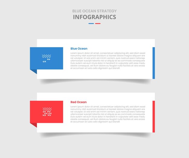 Porównanie strategii biznesowej niebieskiego i czerwonego oceanu dla infografiki w stylu cienia kropelowego z dużym prostokątnym pudełkiem z odznaką po stronie z informacjami z listy dwóch punktów