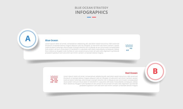 Porównanie strategii biznesowej niebieskiego i czerwonego oceanu dla infografiki w stylu cienia kropelowego z okrągłym prostokątnym pudełkiem z okręgotą odznaką z informacjami z listy dwóch punktów