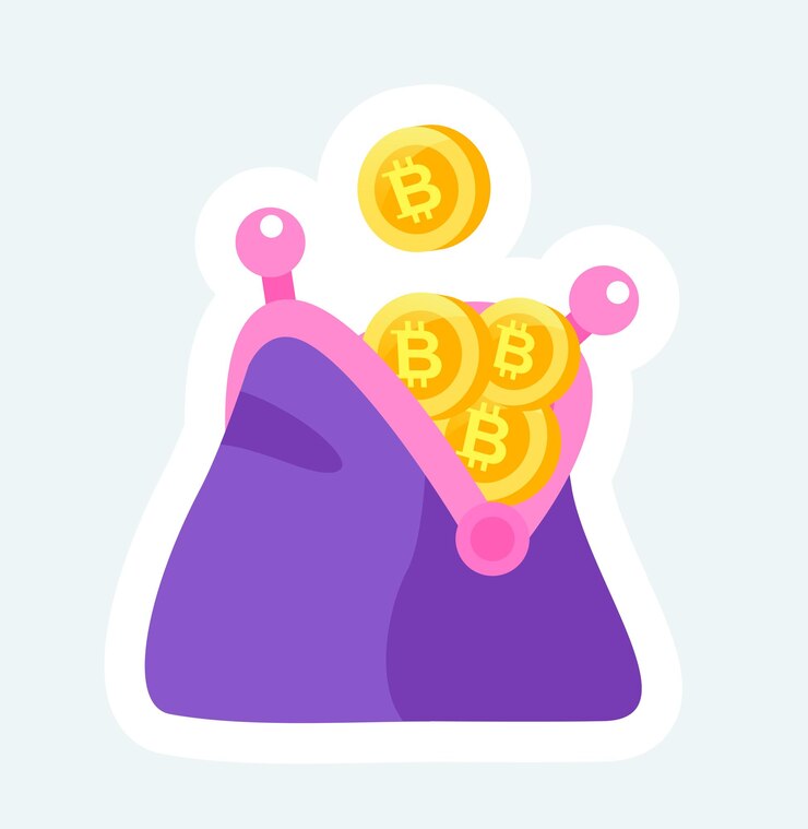 Wektor portfel ze złotymi bitcoinami kryptowaluta i blockchain