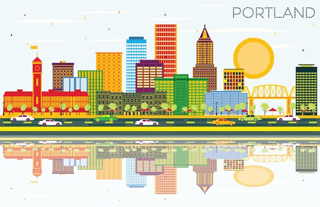 Plik wektorowy portland oregon city skyline z kolorowymi budynkami, błękitnym niebem i odbiciami. ilustracja wektorowa. podróże służbowe i koncepcja turystyki z nowoczesną architekturą. gród portland z zabytkami.