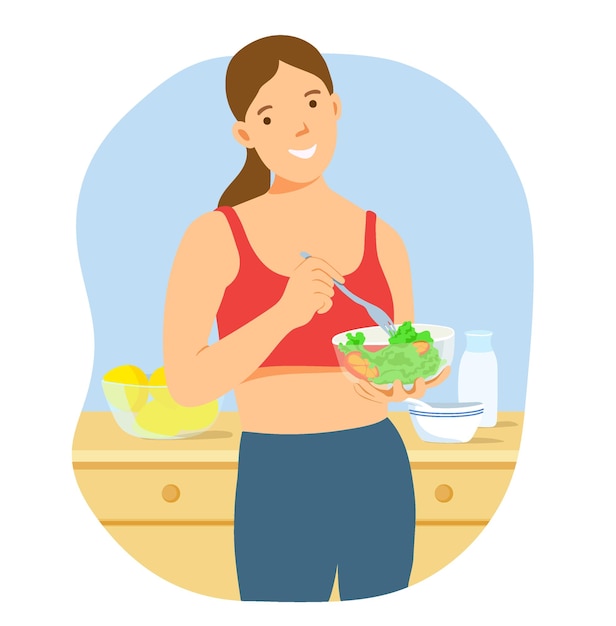 Plik wektorowy portret atrakcyjnej kobiety trzymającej miskę z sałatką piękna sportowa dziewczyna w odzieży sportowej cieszy się jedzeniem czystym ćwiczeniem po ćwiczeniu dla zdrowia dieta i koncepcja zdrowej żywności