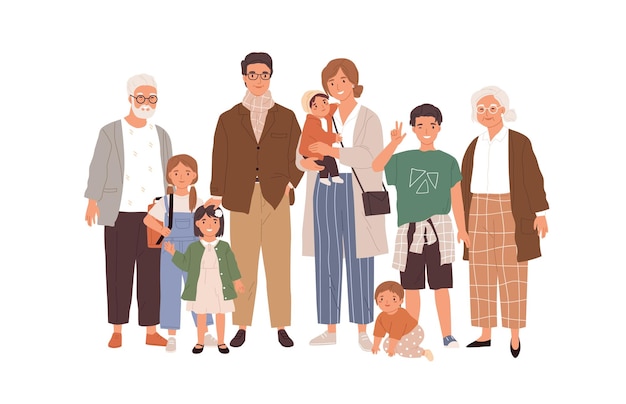 Plik wektorowy portret dużej szczęśliwej rodziny z dziećmi, matką, ojcem, dziadkiem i babcią na białym tle. rodzice, dziadkowie i wnuki. ilustracja kolorowy płaski wektor.