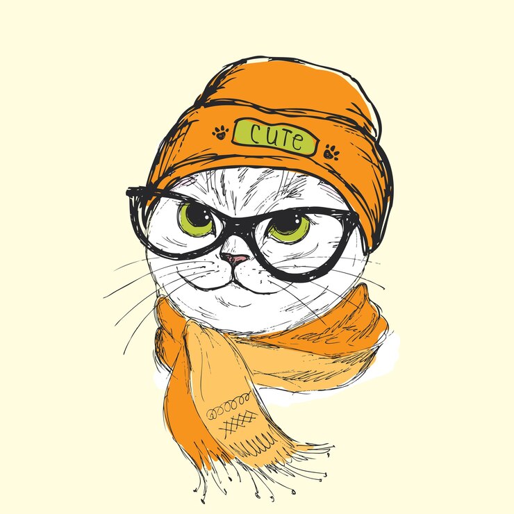 Wektor portret hipstera kota w okularach, kapeluszu i szaliku ręcznie rysowane ilustracji wektorowych