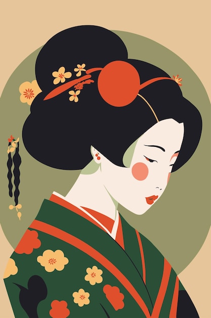 Portret japońskiej gejszy w japońskiej kimonie kobieta w tradycyjnym kwiatowym ornamentie