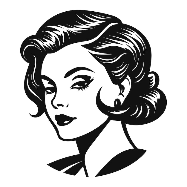 Portret kobiety w stylu retro z wektorowym logo fryzury mody wyizolowanym na białym tle