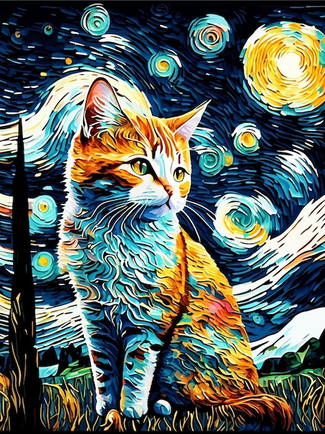 Plik wektorowy portret kota w stylu van gogha. ilustracja wektorowa kota
