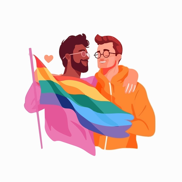 Plik wektorowy portret pary gejów z tęczową flagą koncepcja lgbtq ilustracja przedstawiająca kilku mężczyzn