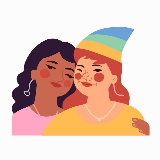 Plik wektorowy portret pary lesbijek z tęczową flagą koncepcja lgbtq ilustracja przedstawiająca parę