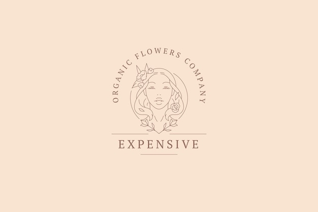 Portret pięknej kobiety z kwiatami luksusowy kontur wzór logo ilustracja wektorowa