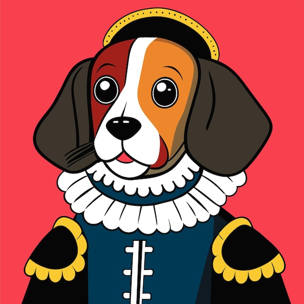 Plik wektorowy portret psa w historycznym mundurze wojskowym, ręcznie narysowany, płaski, stylowy naklejka z kreskówkami
