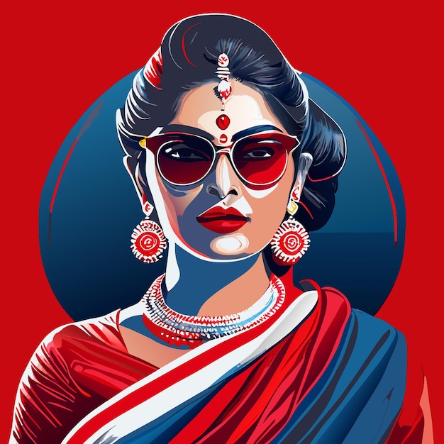 Plik wektorowy portret uroczej indyjskiej kobiety ubranej w jedwab ręcznie narysowany koncept izolowana ilustracja