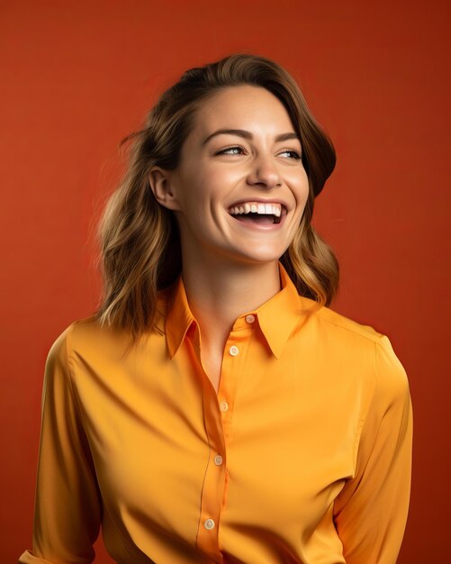 Plik wektorowy portret uśmiechniętej kobiety w pomarańczowej bluzce na pomarańczowym tle zdjęcie stockowe