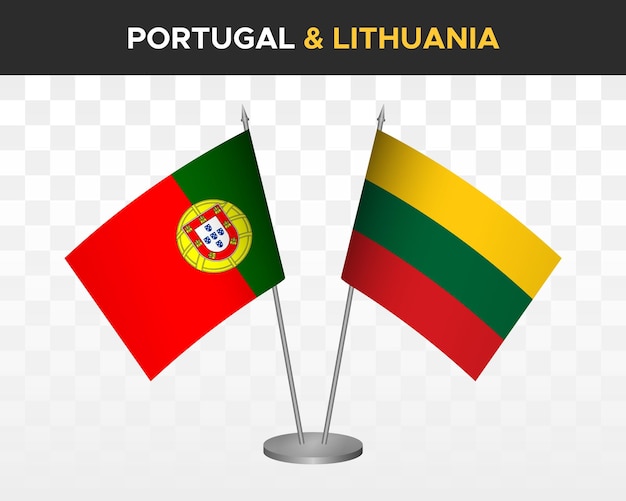 Portugalia vs litwa flagi na biurko makieta na białym tle 3d wektor ilustracja flagi stołowe