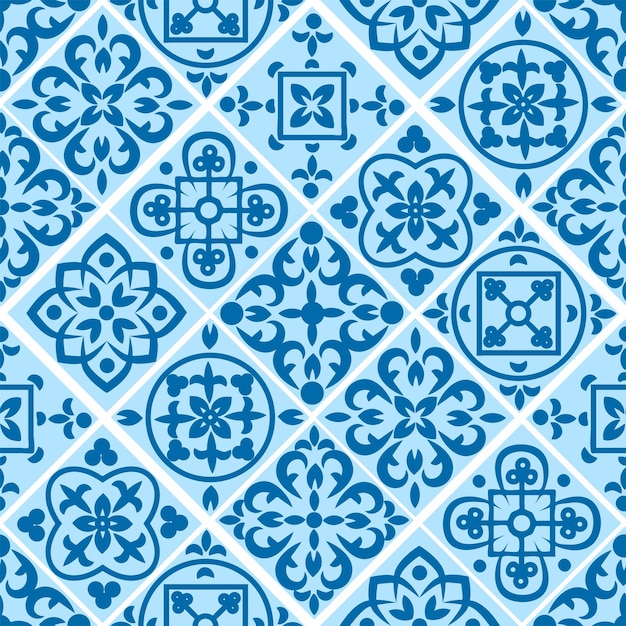 Portugalski bezszwowy wzór z kafelkami azulejo Wspaniały bezszwowy wzór patchworku z kolorowych ozdób marokańskich płytek