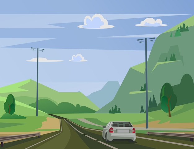 Poruszający się samochód na drodze obok płaskiej ilustracji lasu