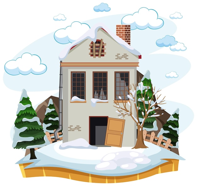 Plik wektorowy porzucić wiejski dom w zimie na białym tle