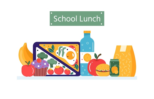 Posiłki śniadaniowe lub obiadowe. Żywność, napoje dla dzieci szkolne pudełka na lunch z posiłkiem, hamburgerem, kanapką, sokiem, przekąskami, owocami, warzywami. Kolekcja wektorów