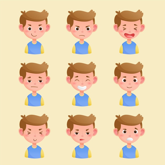 Plik wektorowy postać chłopca z różnymi wyrazami twarzy do animacji