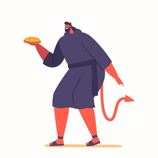 Plik wektorowy postać diabła z chlebem w rękach symbolizuje kuszenie jezusa na pustyni oferując mu jedzenie