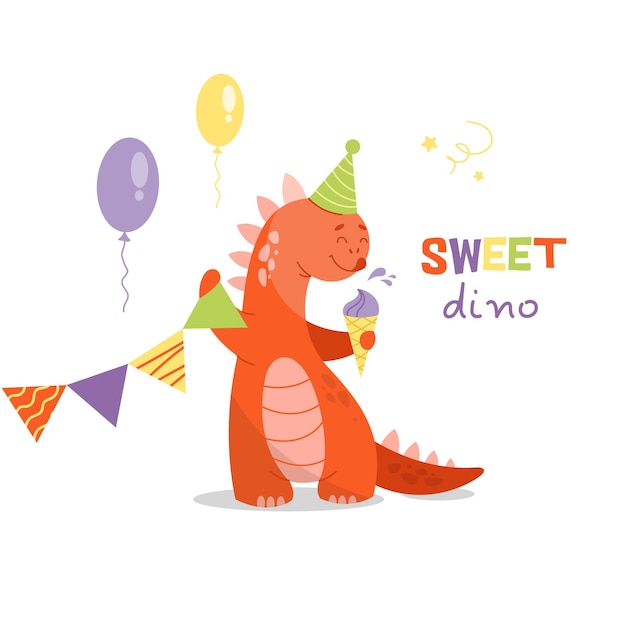 Postać Dinozaura I Elementy Wakacyjne Ilustracja Słodkiego Dino Plakatu Urodzinowego