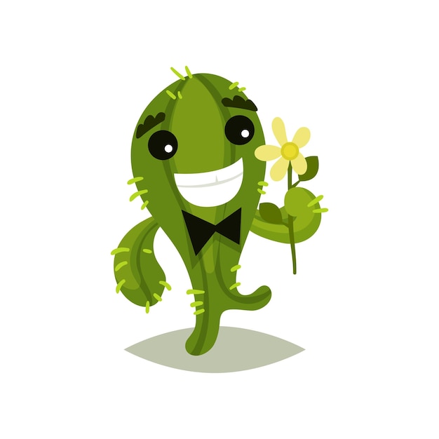 Postać Kreskówkowa Z Zielonym Kaktusem Z Czarnym Pałeczką I Kwiatem W Ręku Zabawna Humanizowana Soczyste Roślina Z Szczęśliwym Wyrazem Twarzy Kolorowa Ikona Wektorowa W Stylu Płaskim Izolowana Na Białym Tle