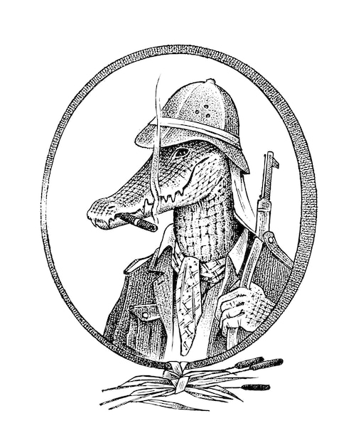 Postać łowcy Krokodyli Lub Aligator Safari Ręcznie Rysowane Portret Zwierzęcia Grawerowany Monochromatyczny Szkic Na Etykiecie Karty Lub Tatuażu Hipster Antropomorfizm