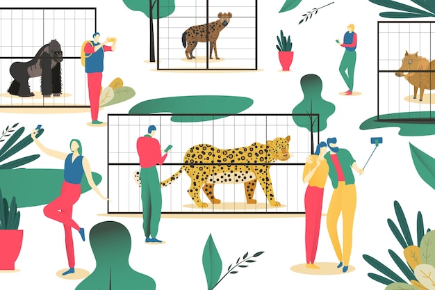 Postać Ludzi Ze Smartfonem W Zoo Ilustracji Wektorowych Komunikacja Mobilna Online W Internecie