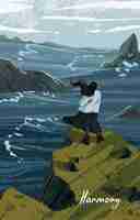 Plik wektorowy postać patrząca na morze w wietrze i skałach stojących na zacisznym przylądku klifu sama spokojna pokojowa przyroda plakat z plakatem harmonia samotność melancholia koncepcja płaska ilustracja wektorowa