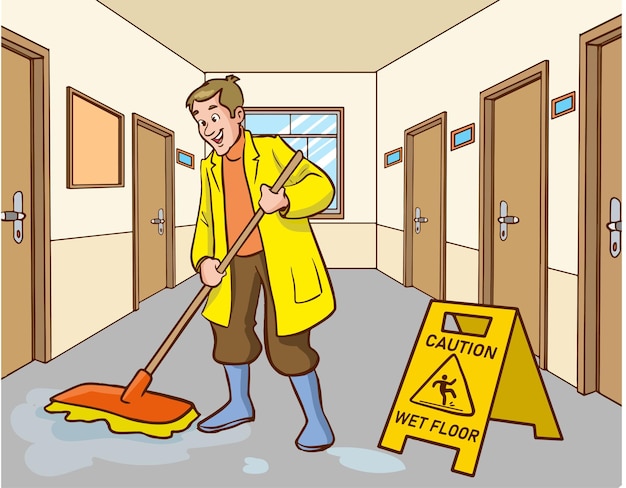 Plik wektorowy postać personelu sprzątającego ze sprzętem. ilustracja kreskówka wektor.