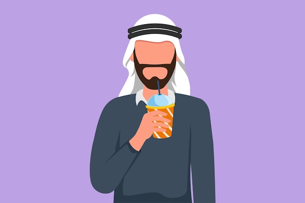 Plik wektorowy postać płaski rysunek portret arabskiego mężczyzny trzymającego butelkę soku pomarańczowego w jednej ręce i szklankę w drugiej ręce podczas śniadania rano mężczyzna czuje się spragniony ilustracja kreskówka projekt wektor