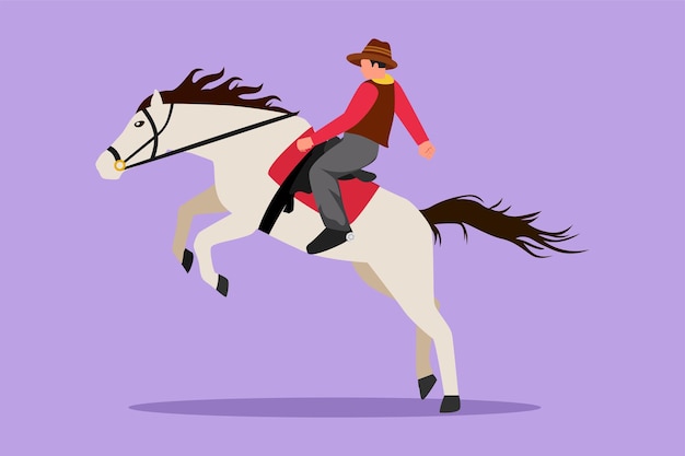 Postać płaski rysunek silny i odważny kowboj jazda bucking bronco o zachodzie słońca Rodeo kowboj na ranczu koni Dziki wyścig koni Ładny kowboj oswajanie dzikiego konia na rodeo Kreskówka projekt wektor ilustracja