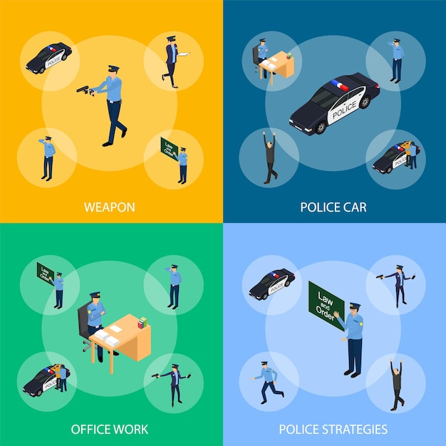 Postać Policjant w mundurze Concept Banner Set 3d Isometric View Vector