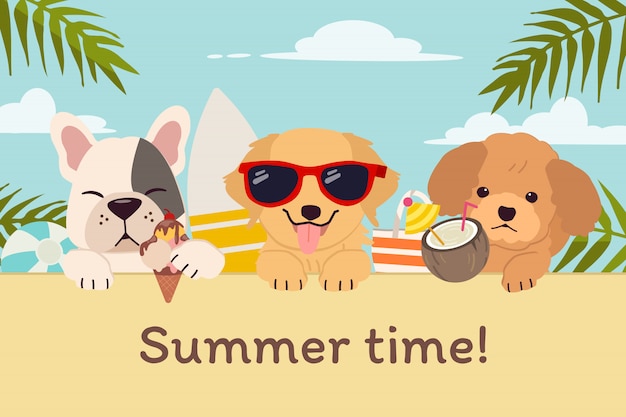 Plik wektorowy postać uroczego psa z przyjaciółmi na plaży na lato w stylu płaskiej.