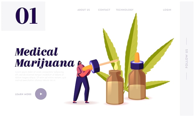 Postać Wyprodukuj Olej Z Medycznej Konopi Szablon Landing Page. Alternatywne Ziołowe Lekarstwo Homeopatyczne Lub Leki, Lekkie Leki Do Użytku Osobistego, Esencja Aromaterapeutyczna. Ilustracja Kreskówka Wektor