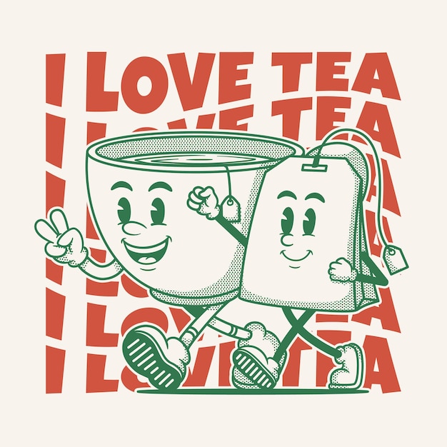 Plik wektorowy postać z filiżanki herbaty, maskotka z kreskówki retro